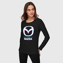 Лонгслив хлопковый женский Значок Mazda в стиле glitch, цвет: черный — фото 2