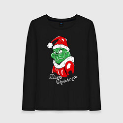 Лонгслив хлопковый женский Merry Christmas, Santa Claus Grinch, цвет: черный