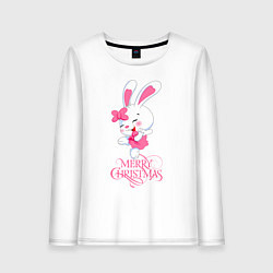 Лонгслив хлопковый женский Cute bunny, merry Christmas, цвет: белый