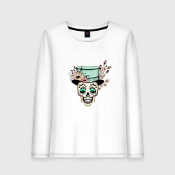 Женский лонгслив Череп в шляпе и цветах