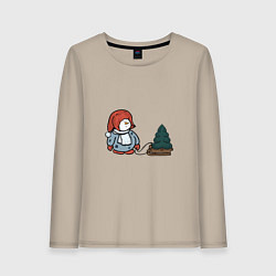 Лонгслив хлопковый женский Снеговик с елкой, цвет: миндальный