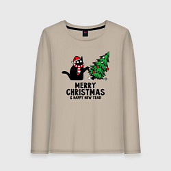 Лонгслив хлопковый женский Кот роняет новогоднюю ёлку, цвет: миндальный