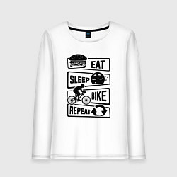 Лонгслив хлопковый женский Eat sleep bike repeat art, цвет: белый