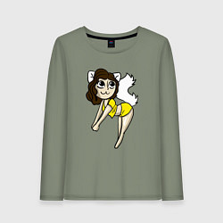 Лонгслив хлопковый женский Девушка кошка, цвет: авокадо