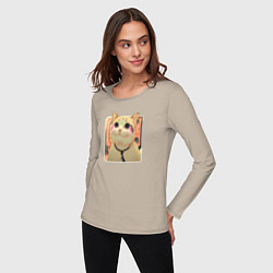 Лонгслив хлопковый женский Cat smiling meme art, цвет: миндальный — фото 2