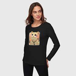 Лонгслив хлопковый женский Cat smiling meme art, цвет: черный — фото 2