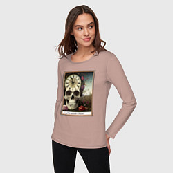Лонгслив хлопковый женский Memento Mori, череп, часы и цветы, в рамке, цвет: пыльно-розовый — фото 2