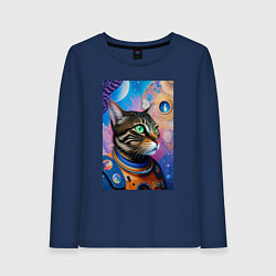 Лонгслив хлопковый женский Кот в космосе - нейросеть, цвет: тёмно-синий