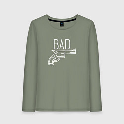 Лонгслив хлопковый женский Bad надпись с револьвером, цвет: авокадо