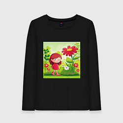 Лонгслив хлопковый женский Девочка на прогулке, цвет: черный