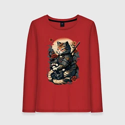 Лонгслив хлопковый женский Самурай кот, цвет: красный