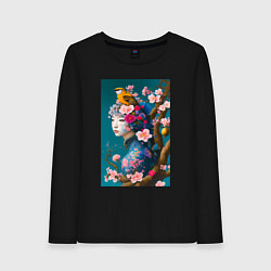 Лонгслив хлопковый женский Девушка с птицей на фоне цветущей сакуры, цвет: черный