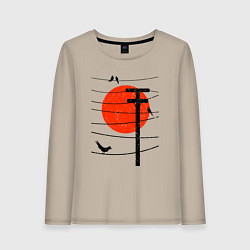 Лонгслив хлопковый женский Птицы на проводах и солнце, цвет: миндальный