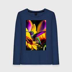 Лонгслив хлопковый женский Колибри и подсолнух, цвет: тёмно-синий