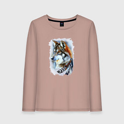 Лонгслив хлопковый женский Дикий волк с перьями, цвет: пыльно-розовый