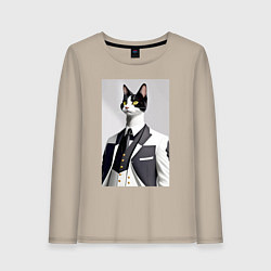 Лонгслив хлопковый женский Чёрно-белый кот в модном костюме, цвет: миндальный