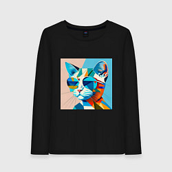 Лонгслив хлопковый женский Кот в темных очках Пикассо, цвет: черный