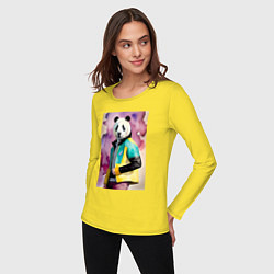 Лонгслив хлопковый женский Панда в модной куртке - акварель, цвет: желтый — фото 2
