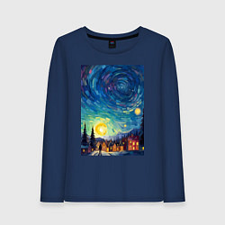 Лонгслив хлопковый женский Ночной пейзаж в стиле Ван Гога, цвет: тёмно-синий