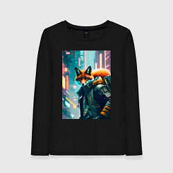 Лонгслив хлопковый женский Лисица в большом городе - киберпанк, цвет: черный