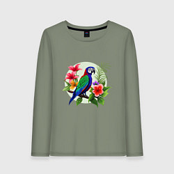 Лонгслив хлопковый женский Попугай среди цветов, цвет: авокадо
