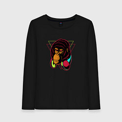 Лонгслив хлопковый женский Крутая горилла с наушниками, цвет: черный
