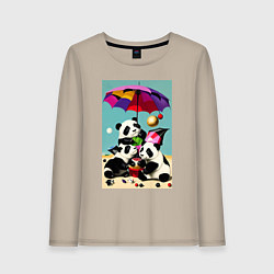 Лонгслив хлопковый женский Три панды под цветным зонтиком, цвет: миндальный