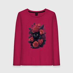 Лонгслив хлопковый женский Черный кот в цветах, цвет: маджента