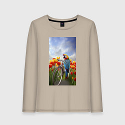 Лонгслив хлопковый женский Попугай на велосипеде, цвет: миндальный