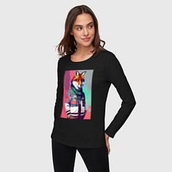 Лонгслив хлопковый женский Крутой лис в модной куртке - нейросеть, цвет: черный — фото 2