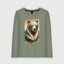 Лонгслив хлопковый женский Могучий медведь в кожаной куртке, цвет: авокадо