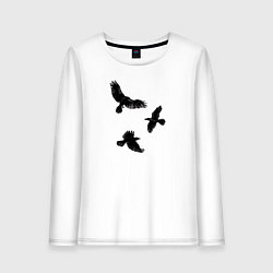 Лонгслив хлопковый женский Птицы черные вороны, цвет: белый