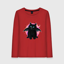 Лонгслив хлопковый женский Черный котенок летучая мышь хэллоуин, цвет: красный
