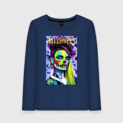 Лонгслив хлопковый женский Хэллоуин - обложка журнала - поп-арт, цвет: тёмно-синий