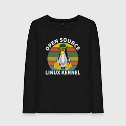 Лонгслив хлопковый женский Пингвин ядро линукс, цвет: черный
