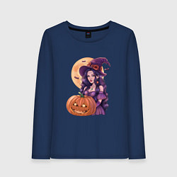 Лонгслив хлопковый женский Хэллоуин - ведьма с тыквой, цвет: тёмно-синий
