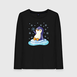 Лонгслив хлопковый женский Пингвин на льдине, цвет: черный