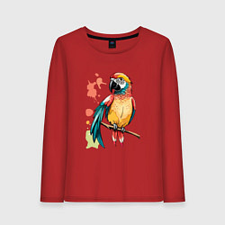Лонгслив хлопковый женский Попугай в брызгах краски, цвет: красный