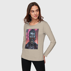 Лонгслив хлопковый женский Зомби зловещий скелет киберпанк, цвет: миндальный — фото 2
