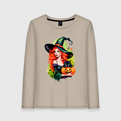 Лонгслив хлопковый женский Рыжая ведьма с тыквой и черным котом, цвет: миндальный