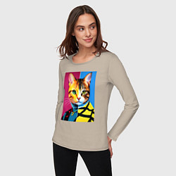 Лонгслив хлопковый женский Портрет модного кота - поп-арт, цвет: миндальный — фото 2