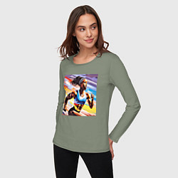 Лонгслив хлопковый женский Девушка спринтер, цвет: авокадо — фото 2