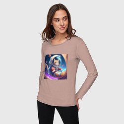 Лонгслив хлопковый женский Котенок космонавт в космосе, цвет: пыльно-розовый — фото 2