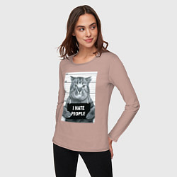 Лонгслив хлопковый женский Кот преступник уголовник с табличкой, цвет: пыльно-розовый — фото 2