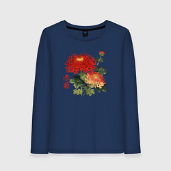 Лонгслив хлопковый женский Красные хризантемы, цвет: тёмно-синий