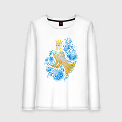 Лонгслив хлопковый женский Птица Сирин в цветах по мотивам гжельской росписи, цвет: белый
