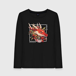 Лонгслив хлопковый женский Christmas red dragon, цвет: черный