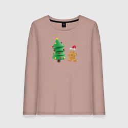 Лонгслив хлопковый женский Пряничный человечек у елки, цвет: пыльно-розовый