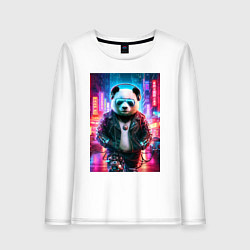 Лонгслив хлопковый женский Панда в ночном Пекине - киберпанк - нейросеть, цвет: белый