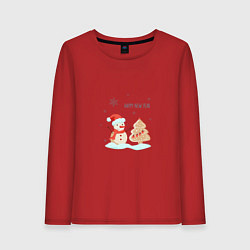 Лонгслив хлопковый женский Снеговик с имбирной ёлкой, цвет: красный